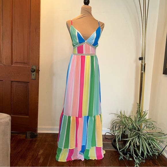 A. Calvin BLUSH STRIPED MULTI COLOR MAXI DRESS WITH CRISS CROSS BACK Small - Picture 1 of 7